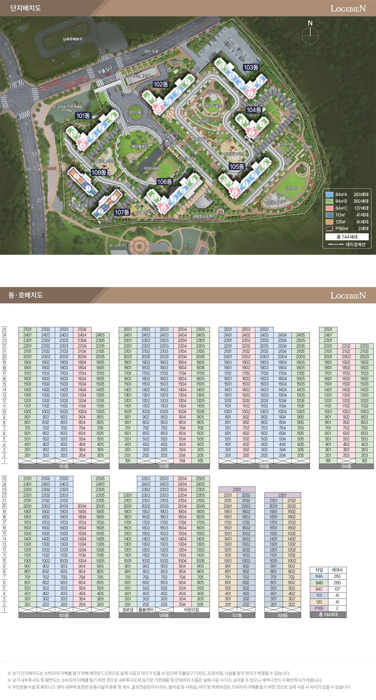 여주역 대광로제비앙 더센텀 단지배치도와 동·호배치도 — 8개동 744세대